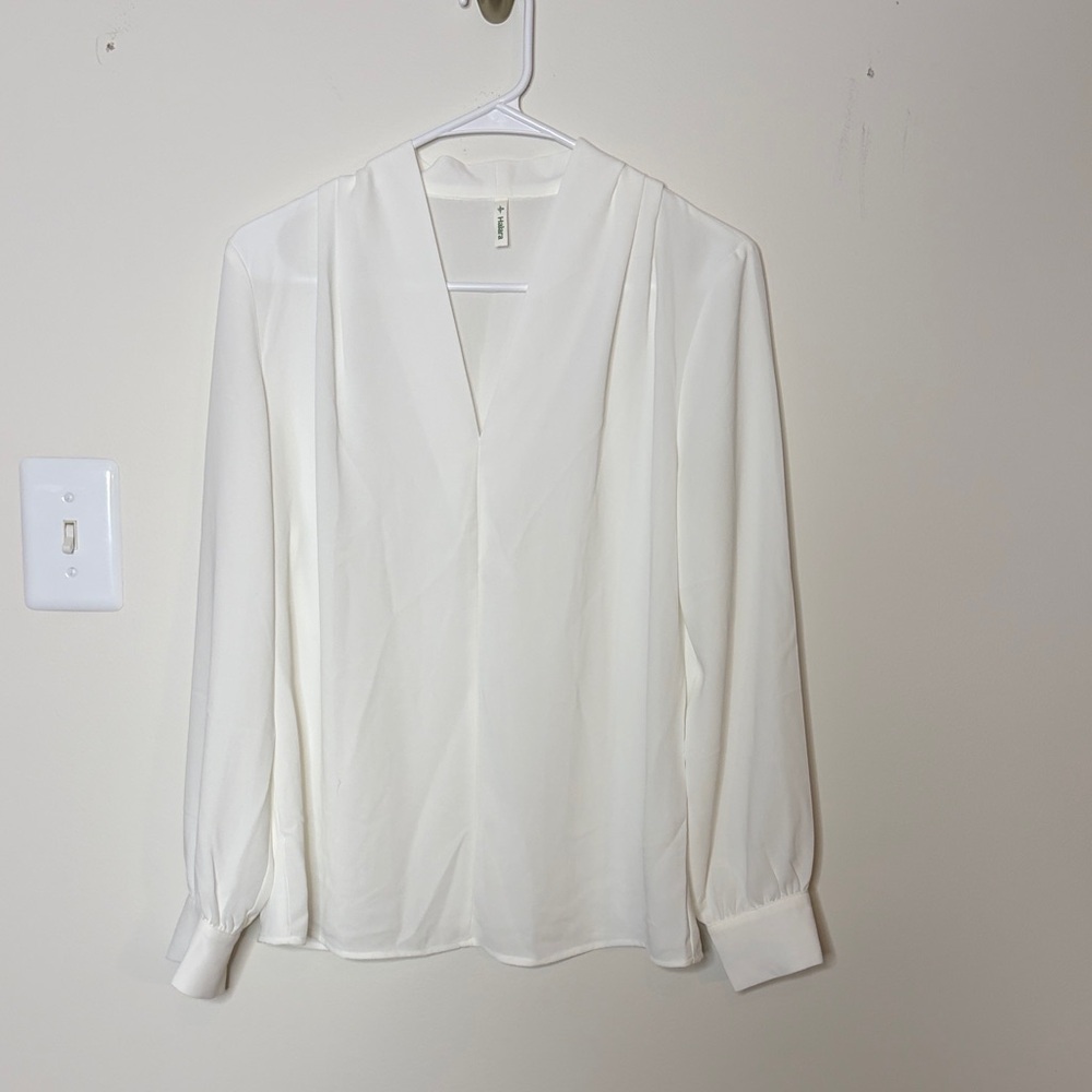 HALARA White V-Neck Long-Sleeve Blouse
